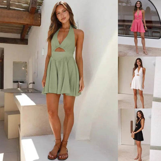 Vintage Women Hollow Out Short Dress Summer V-neck Halter Dress Sleeveless Mini Dresses Backless Holiday Beach Sundress Vestidos - ProTrendyz