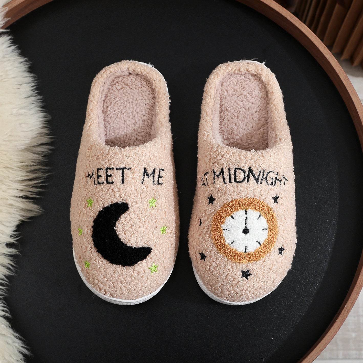 Fashion Moon And Clock Print Home Slippers Winter Warm Floor Bedroom House Shoes For Women - ProTrendyz