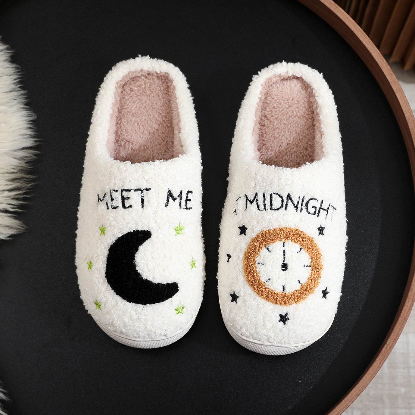 Fashion Moon And Clock Print Home Slippers Winter Warm Floor Bedroom House Shoes For Women - ProTrendyz