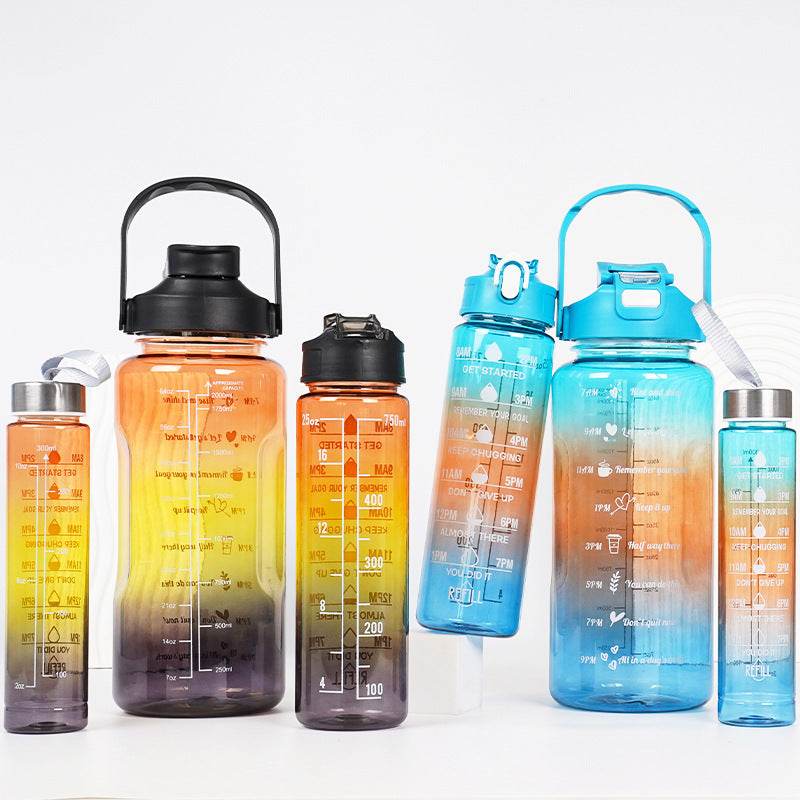 3-in-1 Gradient Color Motivational Water Bottles Set Plastic Straw Double Drink Translucent Outdoor Sports Bottle - ProTrendyz