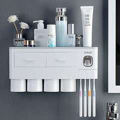 Non-marking Hanging Magnetic Toothbrush Holder Single Drawer Storage Rack With Toothpaste Squeezer Toiletry Set - ProTrendyz
