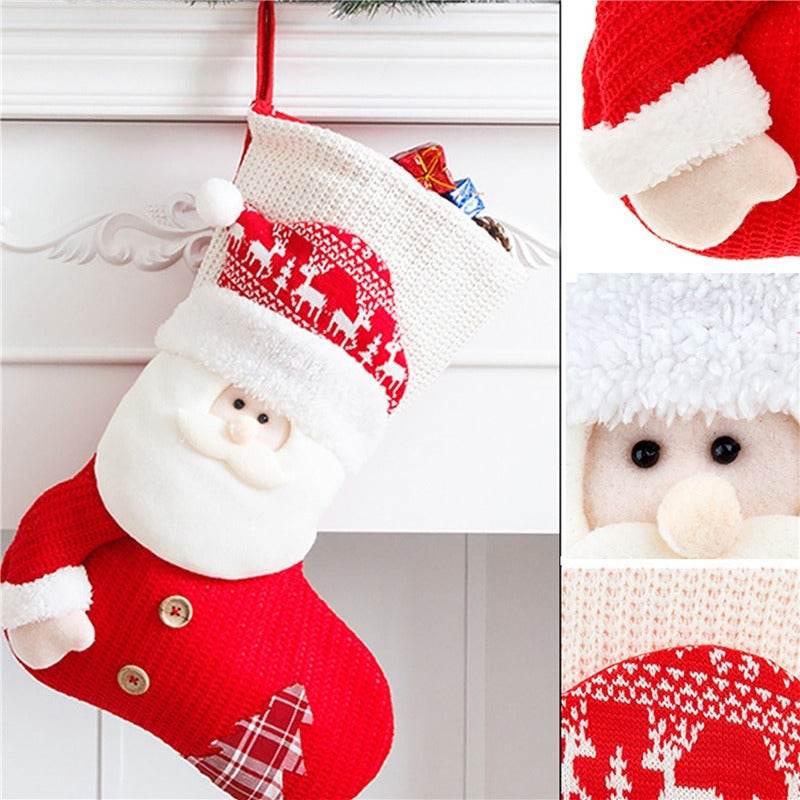 Large Red White Knitted Christmas Stocking Santa Claus Fireplace Decor Socks Xmas Gift Bags Candy Holder Decor For Home - ProTrendyz