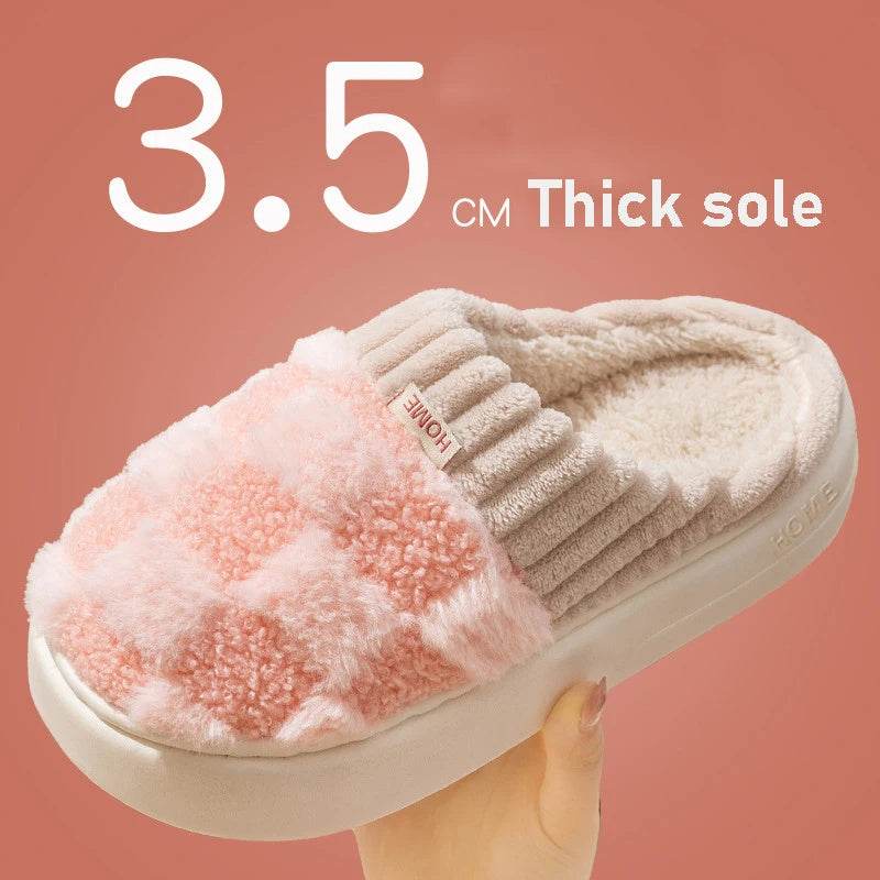 Plaid Plush Slippers Women's Indoor Plush Home Slippers Soft Sole Thick Non-Slip Warm House Shoes Couple Autumn And Winter - ProTrendyz