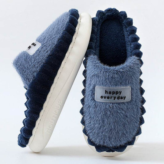 Home Slippers For Men Thick-soled Color-block Letters Fluffy Fleece House Shoes Winter Indoor Warm Slip On Floor Bedroom Slipper - ProTrendyz