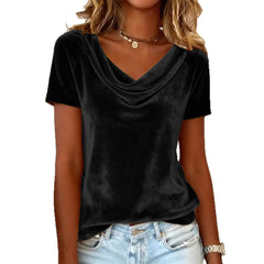 New Solid Color Scoop Neck Short-Sleeve Sexy Velvet T-Shirt