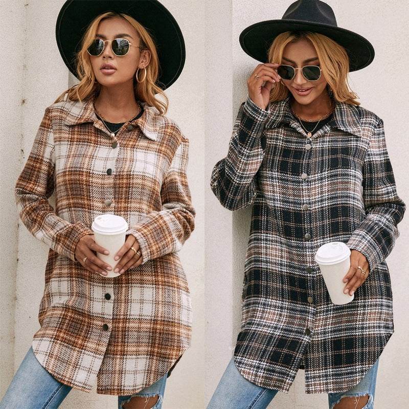 Women's Loose Casual Plush Plaid Shirt Jacket - ProTrendyz