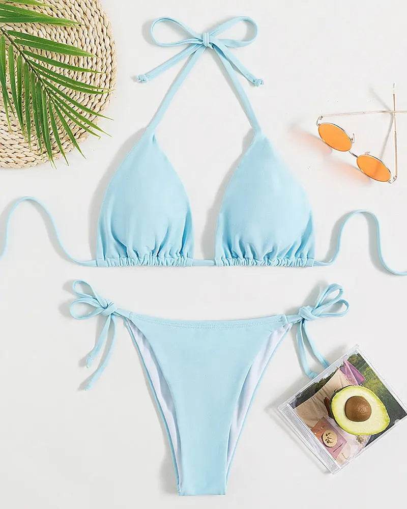Pure Color Tied Halter Bikini Swimsuit - ProTrendyz