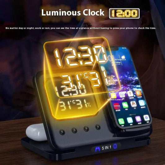 15W Wireless Chargers Stand 5 In1 LED Digital Alarm Clock Fast Charging Dock Station - ProTrendyz