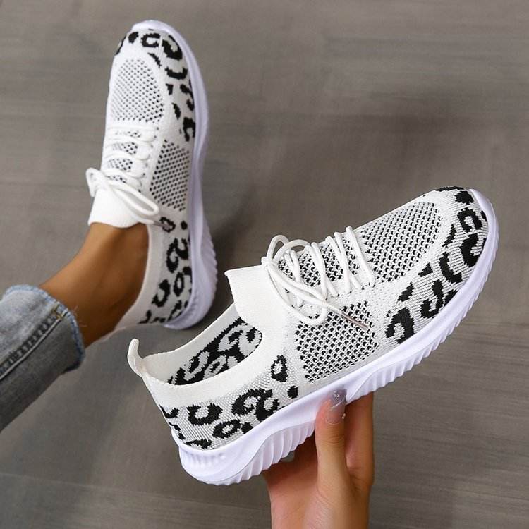 White Shoes Women Leopard Print Lace-up Sneakers Sports - ProTrendyz