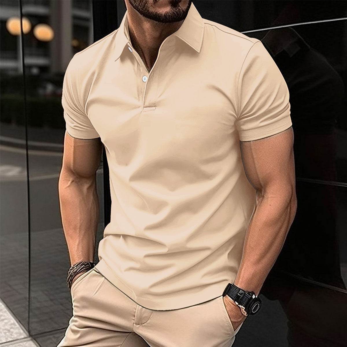 Summer Short Sleeve Polo Shirt Men Solid Color Button Lapel Button Top - ProTrendyz