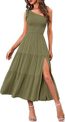 New Summer Fashion Women's One-shoulder Pleated Layered Hem Split Dress - ProTrendyz