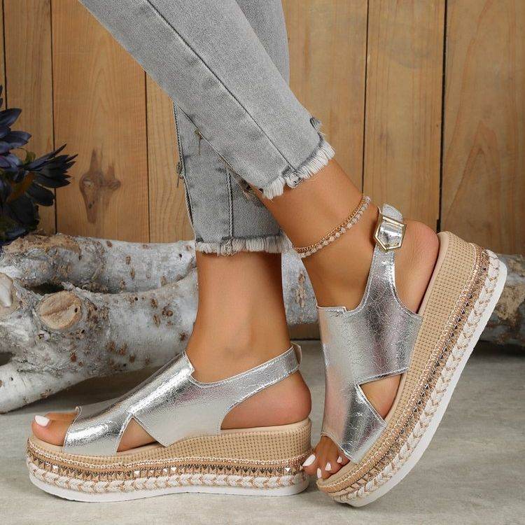 Summer Shiny Sandals Hollow Design Fish Mouth Sandal For Women Fashion Buckle Wedges Shoes - ProTrendyz