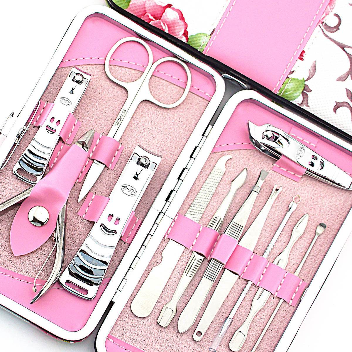 Nail Clipper Set Stainless Steel 12 Piece Pink Flower Nail Scissors Manicure manicure tools rose -12 - ProTrendyz
