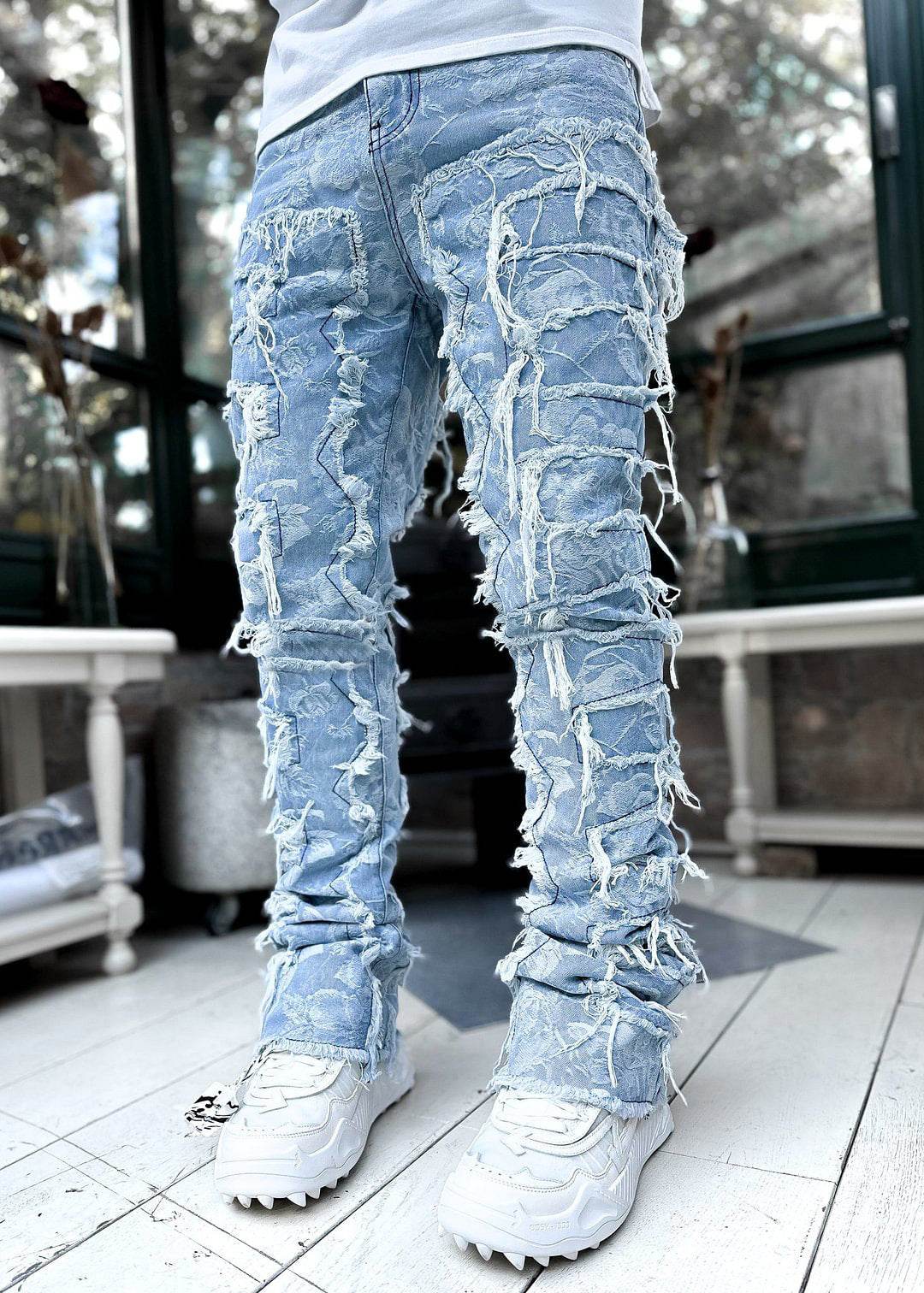 Men Trousers Individual Patched Pants Long Tight Fit Stacked Jeans For Mens Clothing - ProTrendyz