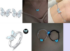 Fashion Blue Luminous Butterfly Necklace Bracelet Set For Glow In The Dark Women Clavicle Chain Choker Party Jewelry Set Gift - ProTrendyz