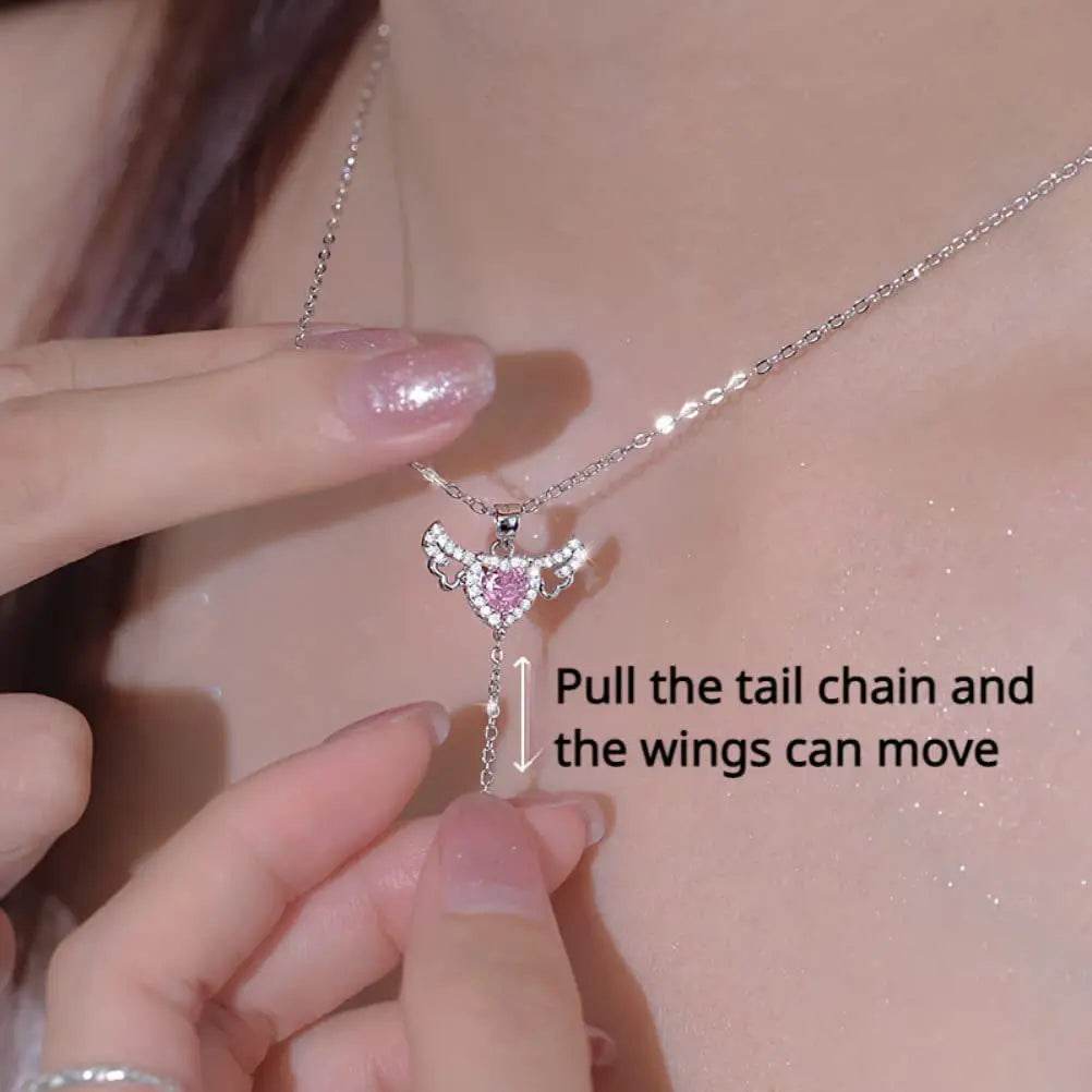 Moving Cupid Heart Angel Wings Tassel Necklace With Crystal Clavicle Chain Women Jewelry Gift Valentine's Day US - ProTrendyz