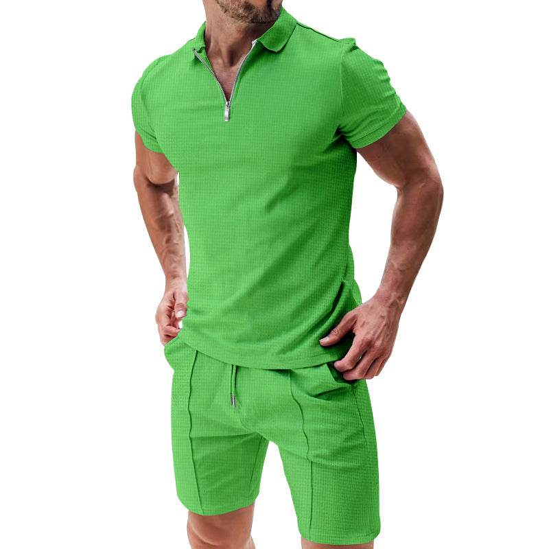 2Pcs Casual Waffle Suit Summer Zipper Lapel Short-sleeved Top And Drawstring Pockets Shorts Versatile Solid Color T-shirt Set For Mens Clothing - ProTrendyz