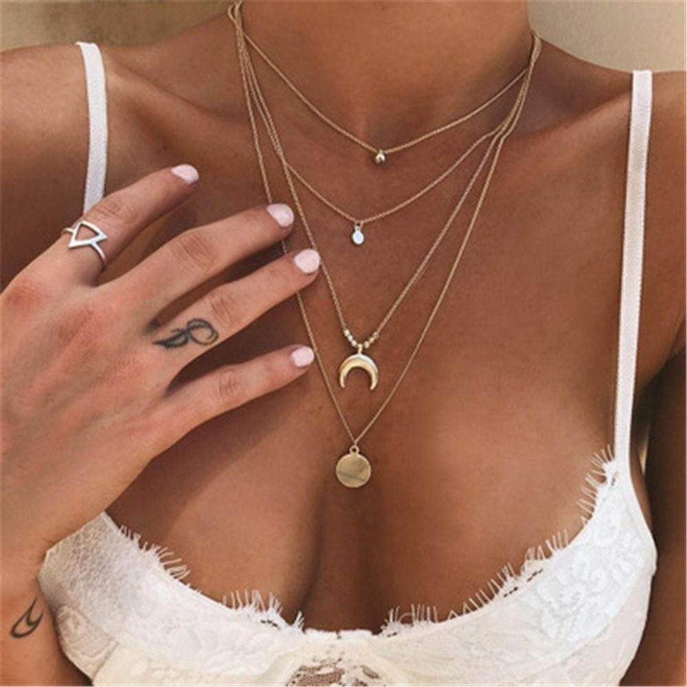 Multi-layer Moon Pendant Necklaces for Women Bohemian Wafer Elegant Necklace - ProTrendyz