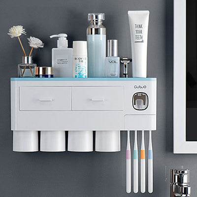 Non-marking Hanging Magnetic Toothbrush Holder Single Drawer Storage Rack With Toothpaste Squeezer Toiletry Set - ProTrendyz