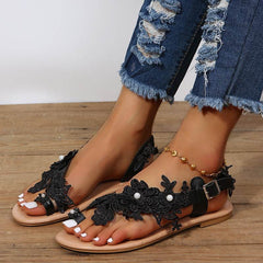 Lace Sandals Bohemia Beach Shoes Flowers Ankle Strap Flat Shoes Summer - ProTrendyz