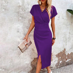 Slim-fit Short-sleeved Dress Fashion Sexy Split V-neck Dress Summer Women's Clothing