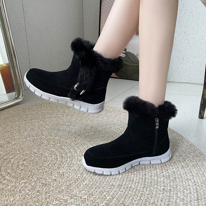 New Snow Boots Winter Warm Thickened Solid Color Plush Ankle Boots With Buckle Design Plus Velvet Flat Shoes For Women - ProTrendyz