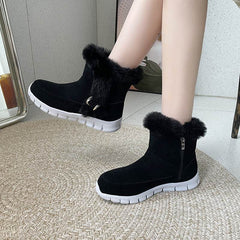 New Snow Boots Winter Warm Thickened Solid Color Plush Ankle Boots With Buckle Design Plus Velvet Flat Shoes For Women - ProTrendyz