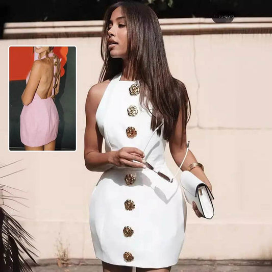 Sweet Sleeveless Backless Dress With Rose Button Design Summer Street Fashion Dresses Womens Clothing - ProTrendyz