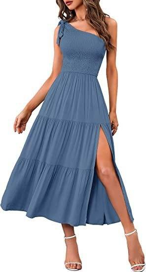 New Summer Fashion Women's One-shoulder Pleated Layered Hem Split Dress - ProTrendyz