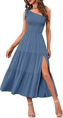 New Summer Fashion Women's One-shoulder Pleated Layered Hem Split Dress - ProTrendyz