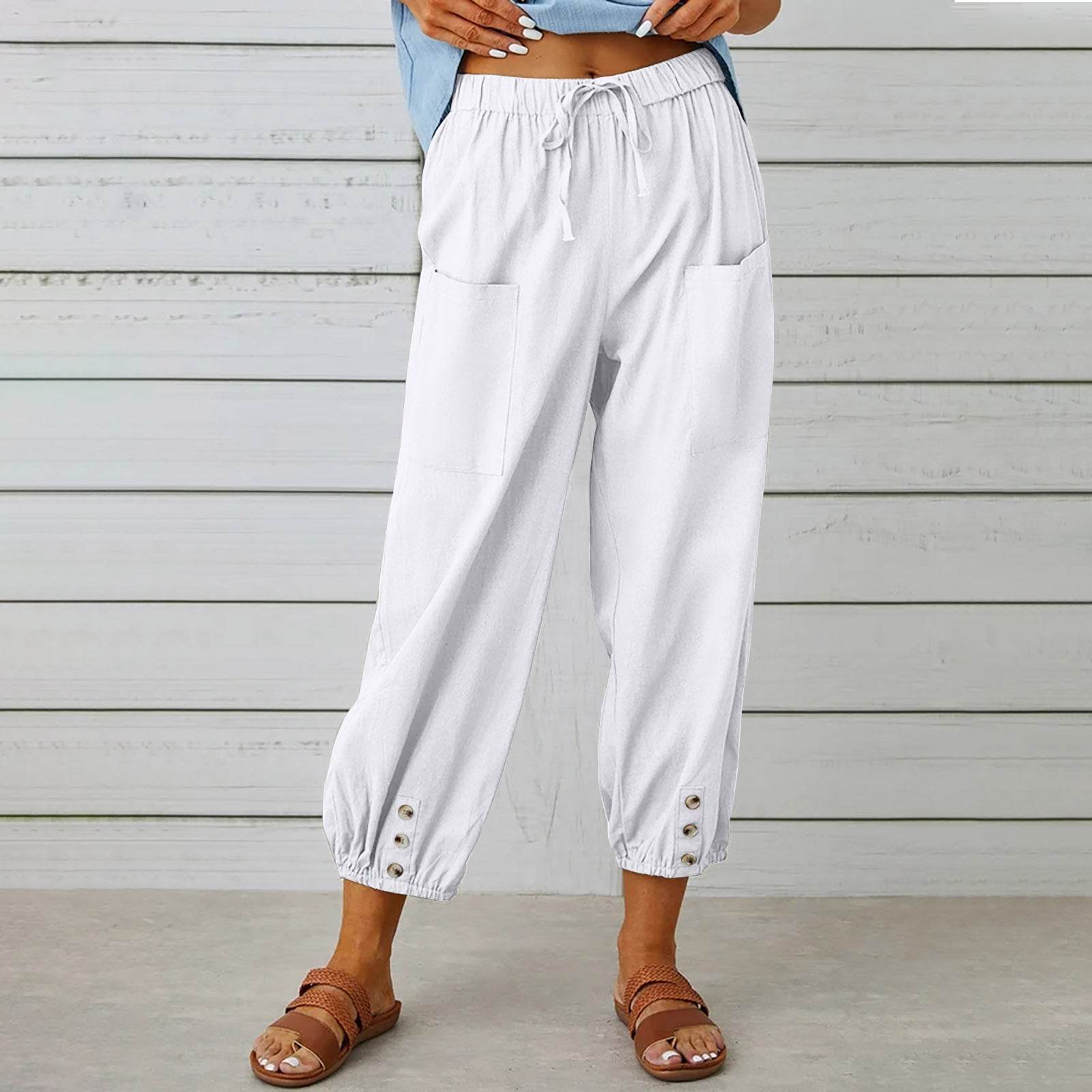 Women Drawstring Tie Pants Spring Summer Cotton And Linen Trousers With Pockets Button - ProTrendyz