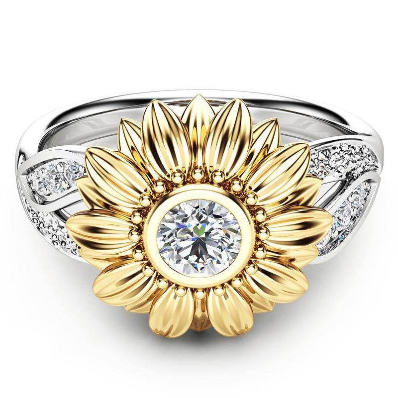 New gold-plated couple ring sunflower flower color separation zircon ring - ProTrendyz