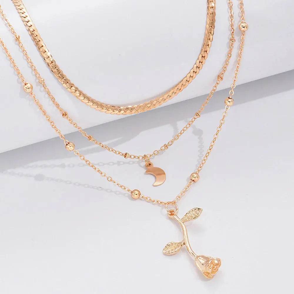 Bohemia Multilayer Moon Gold Color Pendant Necklaces For Women Rose Flower Choker Necklace 2025 Fashion Jewelry Party Gift Valentine's Day Gifts - ProTrendyz