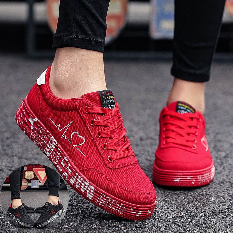 Love Print Canvas Shoes Women Men Flats Lace-up Casual Shoes Lover Sports Shoes Valentines Day - ProTrendyz