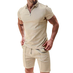 2Pcs Casual Waffle Suit Summer Zipper Lapel Short-sleeved Top And Drawstring Pockets Shorts Versatile Solid Color T-shirt Set For Mens Clothing - ProTrendyz