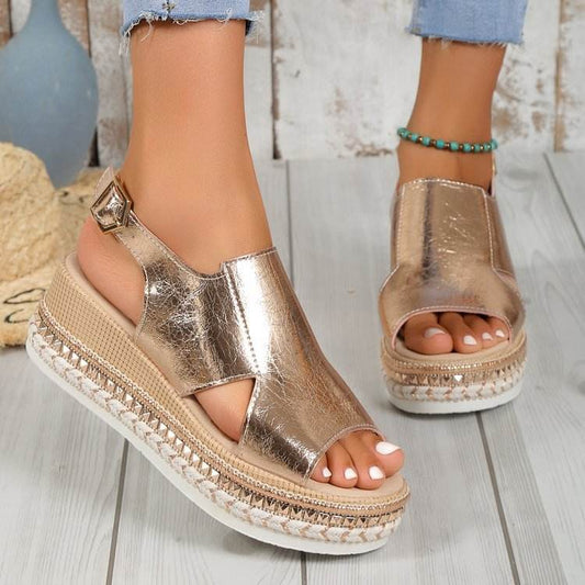 Summer Shiny Sandals Hollow Design Fish Mouth Sandal For Women Fashion Buckle Wedges Shoes - ProTrendyz