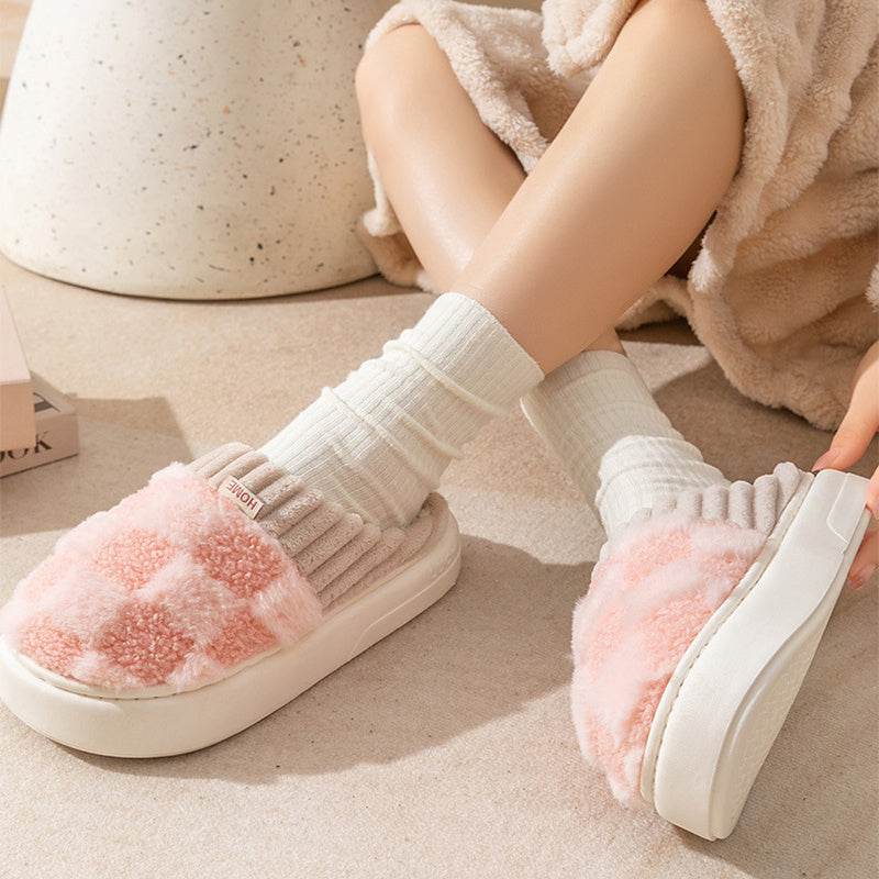 Plaid Plush Slippers Women's Indoor Plush Home Slippers Soft Sole Thick Non-Slip Warm House Shoes Couple Autumn And Winter - ProTrendyz