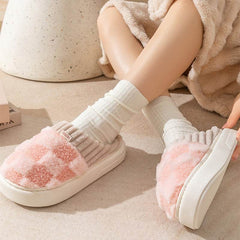 Plaid Plush Slippers Women's Indoor Plush Home Slippers Soft Sole Thick Non-Slip Warm House Shoes Couple Autumn And Winter - ProTrendyz