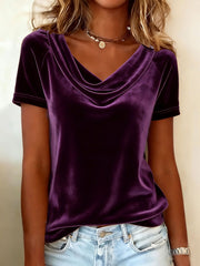 New Solid Color Scoop Neck Short-Sleeve Sexy Velvet T-Shirt