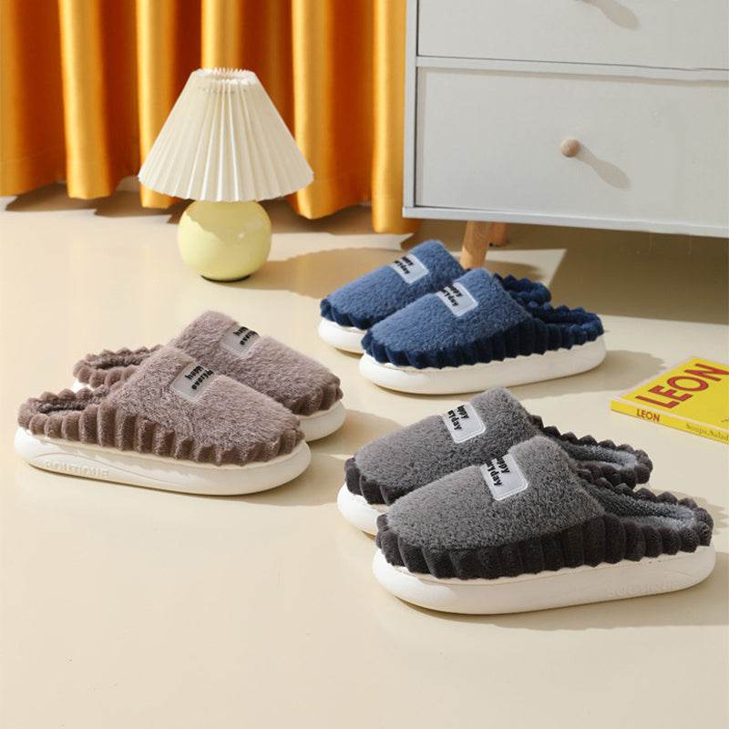 Home Slippers For Men Thick-soled Color-block Letters Fluffy Fleece House Shoes Winter Indoor Warm Slip On Floor Bedroom Slipper - ProTrendyz