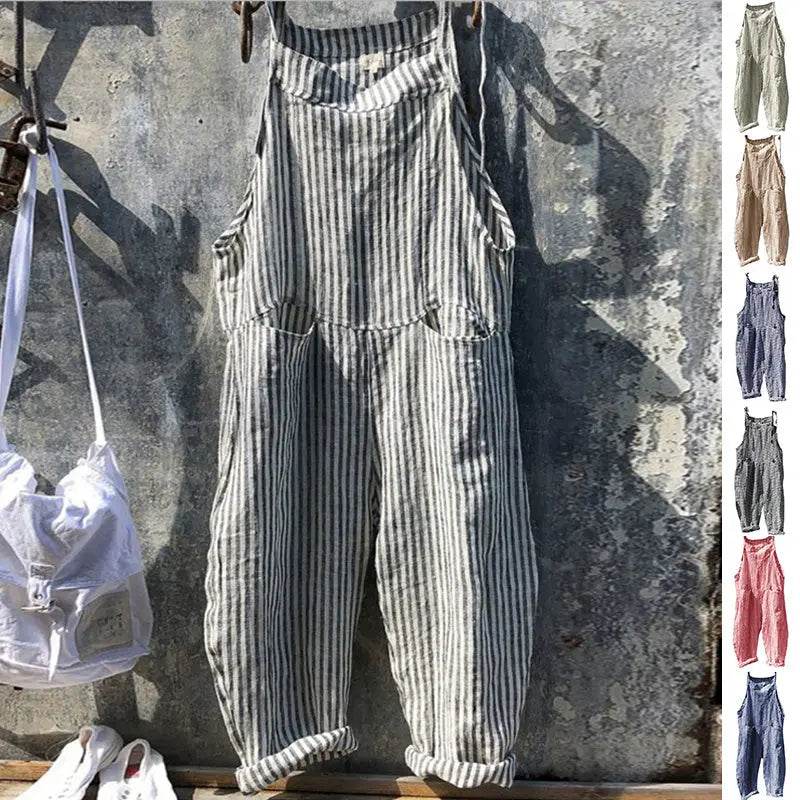 Striped Bib Jumpsuit With Pockets Summer Fashion Loose Wide-leg Pants For Women Clothing - ProTrendyz