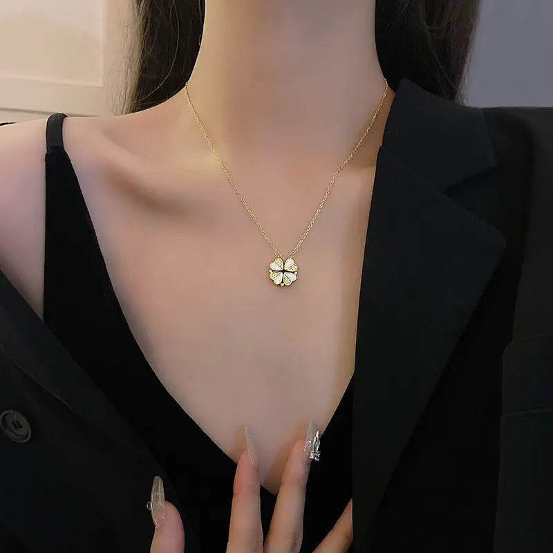 Luxury Four Leaf Clover Pendant Necklace Stainless Steel Crystal Heart Jewelry For Women Gift - ProTrendyz