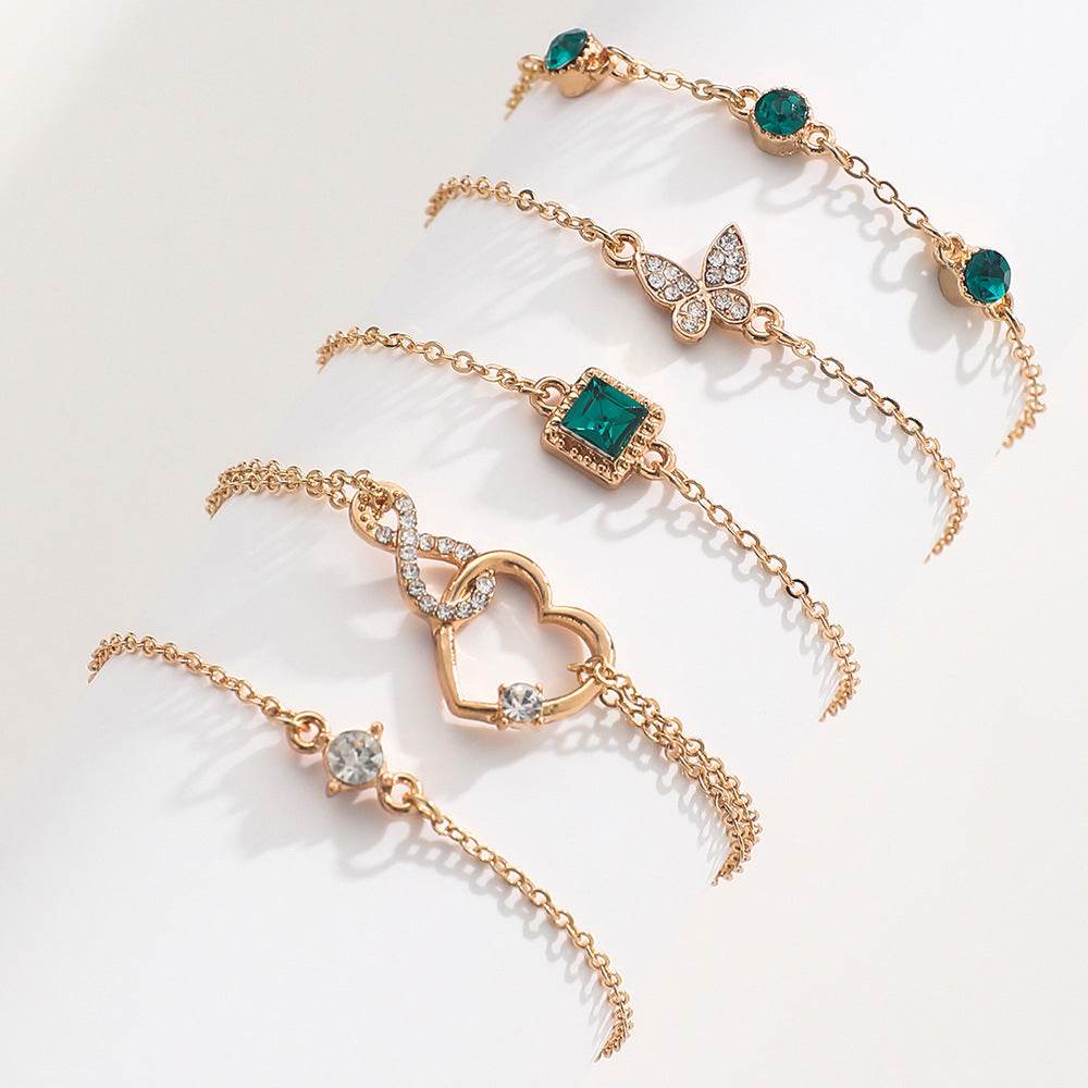 Bohemian 5pc Green Crystal Bracelets Jewelry Set For Women Heart Bracelet Wedding Engagement Bracelet Fashion Jewelry - ProTrendyz