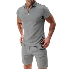 2Pcs Casual Waffle Suit Summer Zipper Lapel Short-sleeved Top And Drawstring Pockets Shorts Versatile Solid Color T-shirt Set For Mens Clothing - ProTrendyz