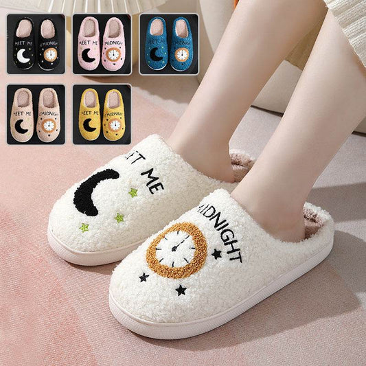 Fashion Moon And Clock Print Home Slippers Winter Warm Floor Bedroom House Shoes For Women - ProTrendyz