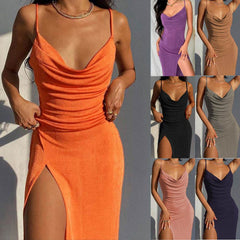 European And American Smooth Knitted Women's Slit Suspender Dress - ProTrendyz