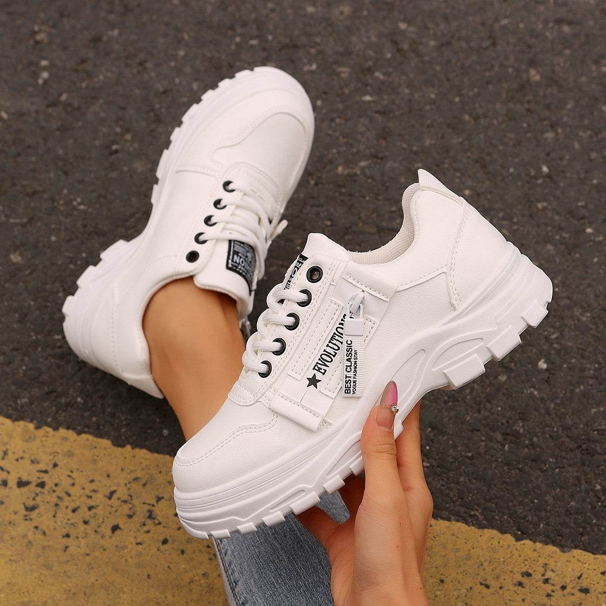 Lace-up Sports Shoes With Side-Zipper Design Fashion Thick-soled Round-toe Casual Shoes For Women Sneakers - ProTrendyz