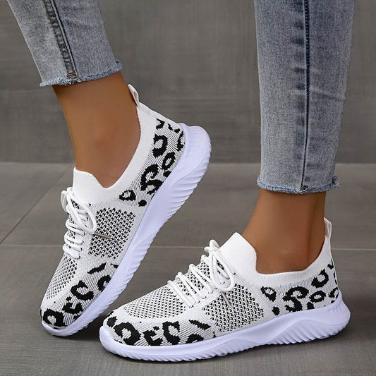 White Shoes Women Leopard Print Lace-up Sneakers Sports - ProTrendyz