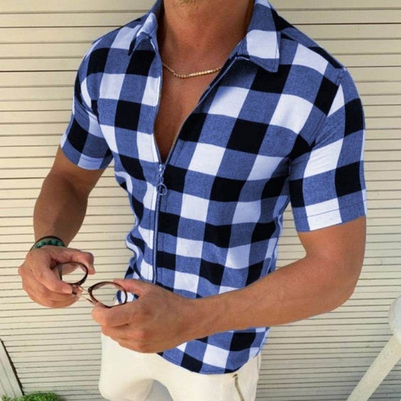Plaid T Shirt Mens Zipper Short Sleeve Shirts Summer Men Clothing - ProTrendyz