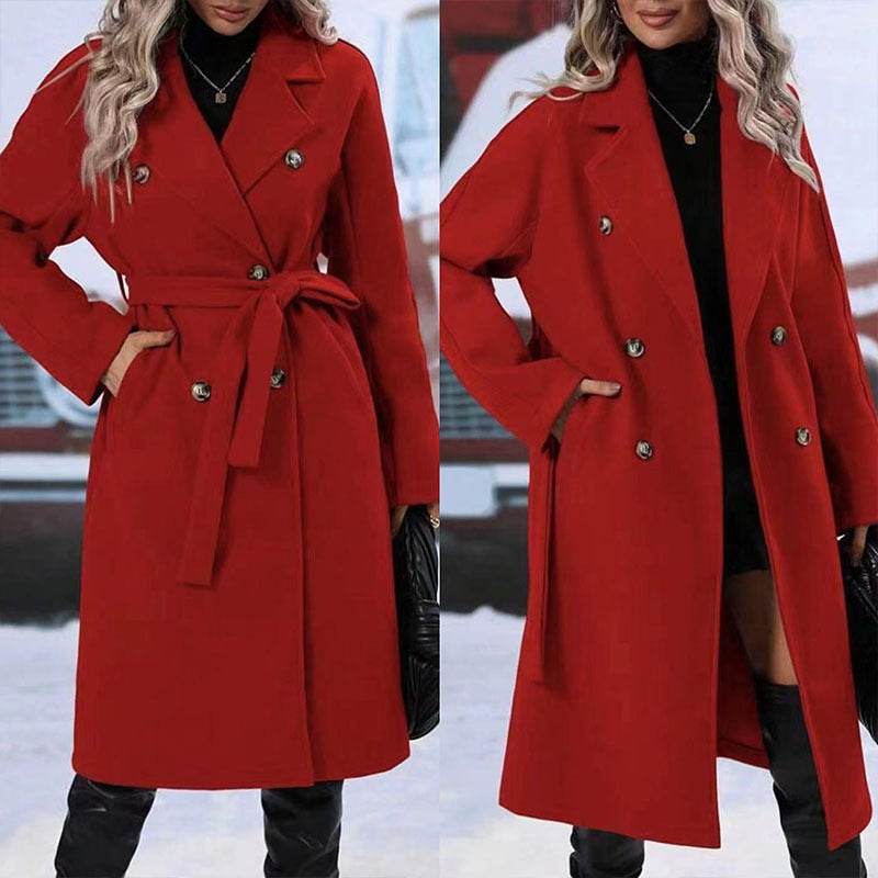 Lapel Double-breasted Trench Coat With Belt Winter Fashion Solid Color Long Jacket Outwear Women Clothing - ProTrendyz